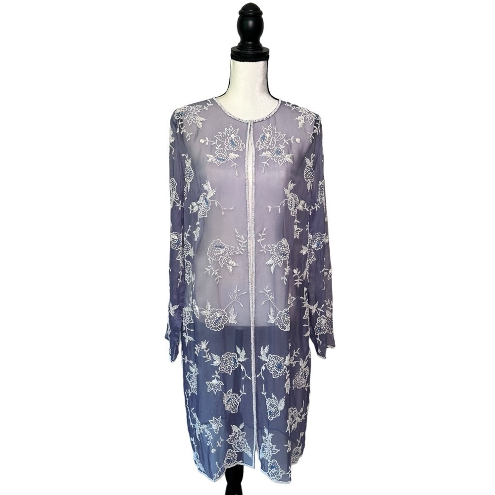 Sherrie Bloom Chetta B Silk Beaded Long Formal Cardigan Coat Size 14